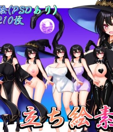 【無料フル】立ち絵素材 黒髪の女の子（魔女・バスタオル・逆バニー差分）｜d_779072